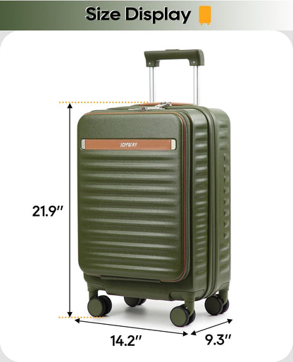 20 Inch Carry On Luggage with Front Pocket and Cup Holder, Green | TSA Approved Suitcase, Laptop Compartment, Spinner Wheels With Brakes, ABS Hardside. Great For Frequent Business Travel
