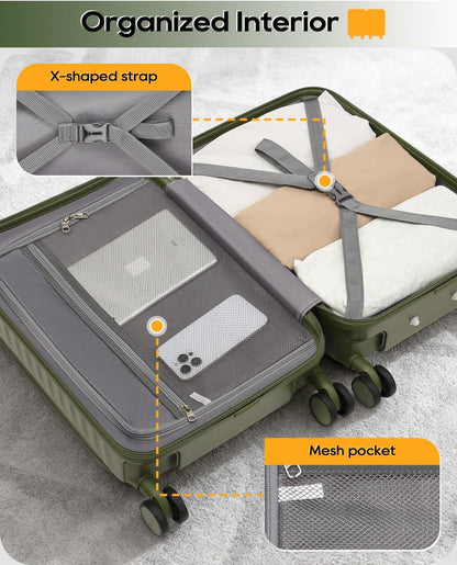 20 Inch Carry On Luggage with Front Pocket and Cup Holder, Green | TSA Approved Suitcase, Laptop Compartment, Spinner Wheels With Brakes, ABS Hardside. Great For Frequent Business Travel