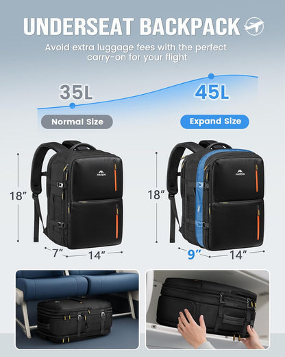Personal Item Travel Backpack 18x14x8 for Spirit Airlines, Black | Shoe Compartment Detachable, Expandable, Underseat Backpack, Fit 17" Laptop, Airplane Approved, Carry on Bag Luggage, Mochila