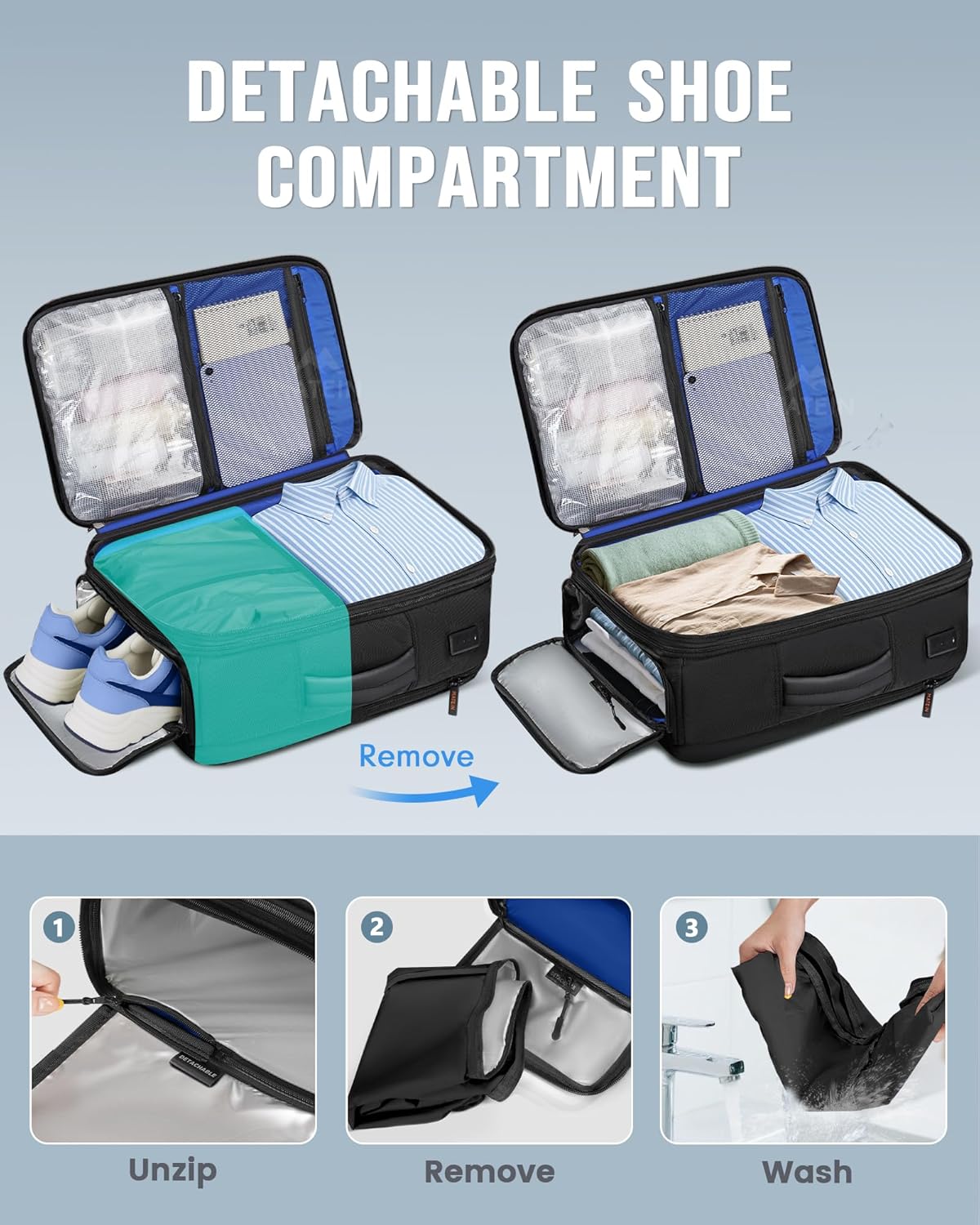 Personal Item Travel Backpack 18x14x8 for Spirit Airlines, Black | Shoe Compartment Detachable, Expandable, Underseat Backpack, Fit 17" Laptop, Airplane Approved, Carry on Bag Luggage, Mochila