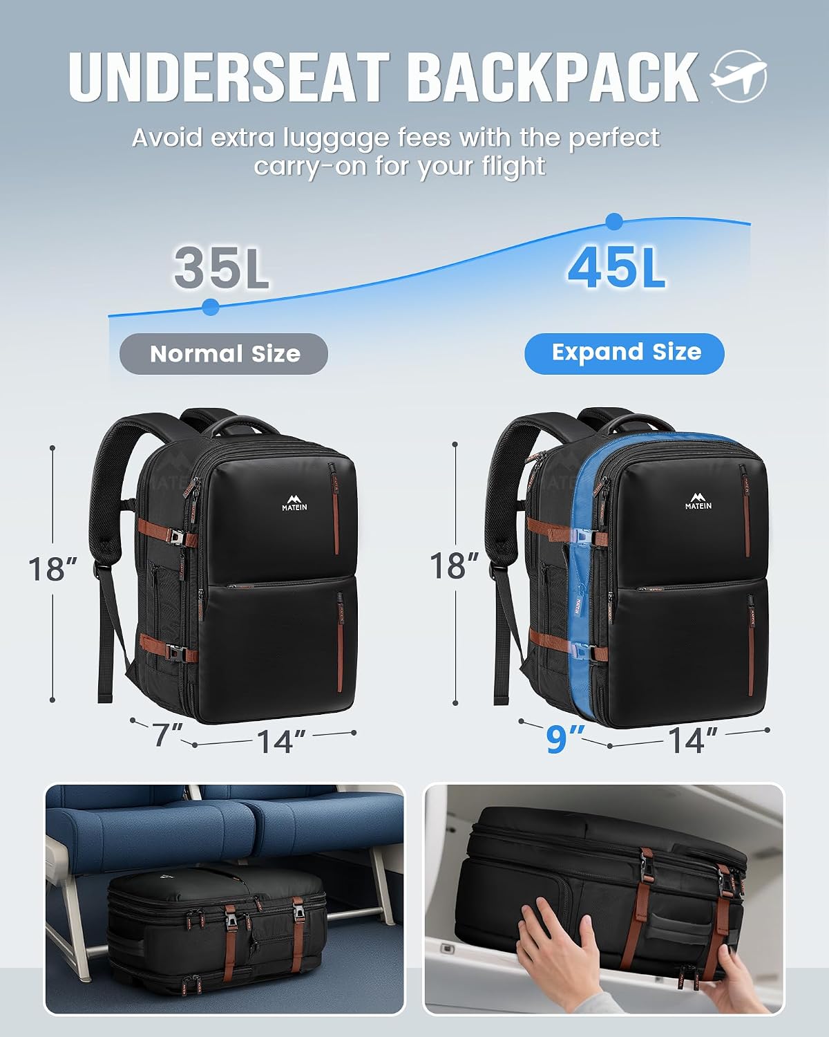 Personal Item Travel Backpack 18x14x8 for Spirit Airlines, Black | Shoe Compartment Detachable, Expandable, Underseat Backpack, Fit 17" Laptop, Airplane Approved, Carry on Bag Luggage, Mochila