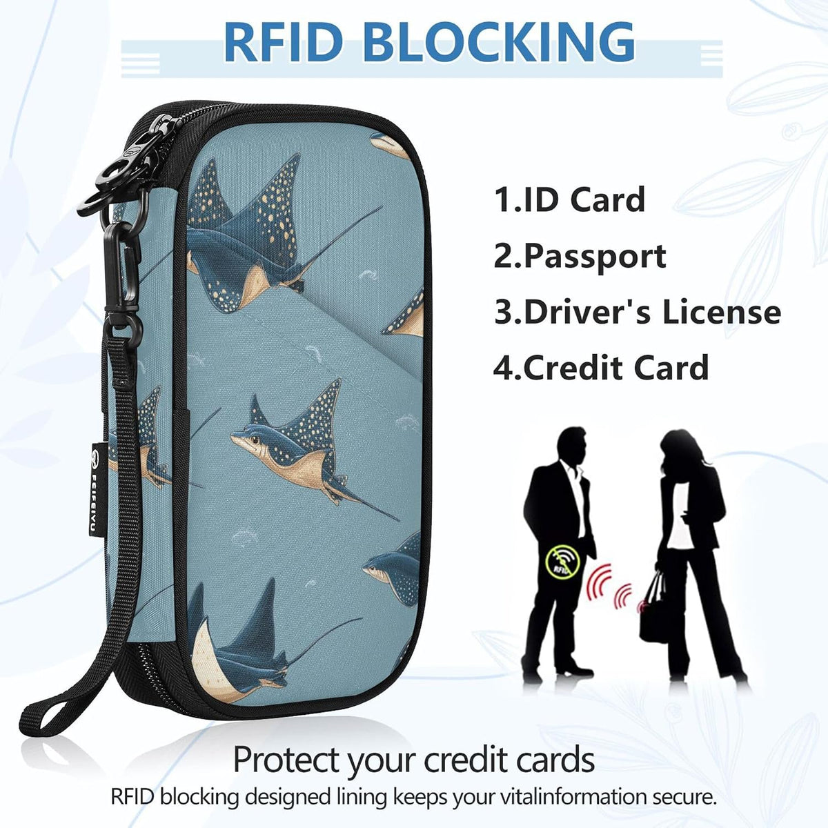Stingray Fish Blue Passport Holder RFID Blocking Wallet | Family Passport Book Wallet, Waterproof Travel Document Organizer Clutch Bag Credit Cards Case Cover for Women Men
