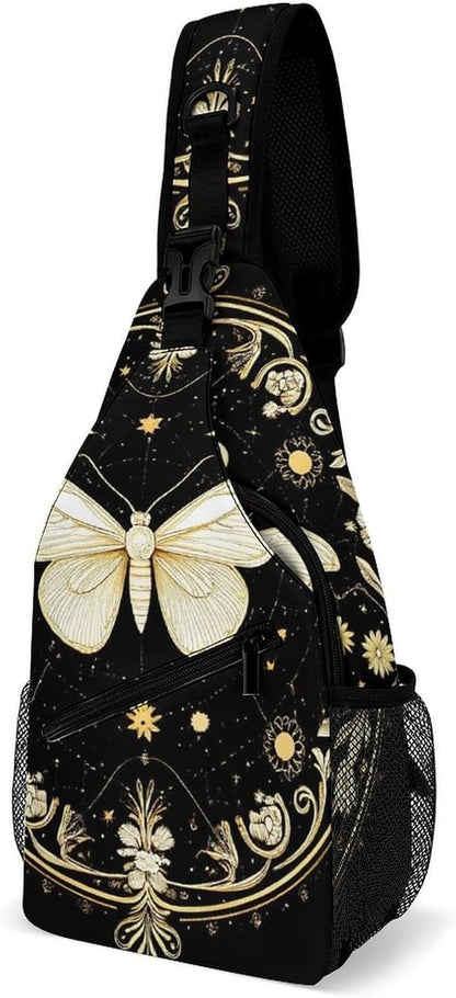 Men Women Travel Backpack Camping Outdoor Bag, Moth Gothic Witchy Sun Moon Sling Bag Backpack Daypack for Swimming Running Cycling Biking Camping, Breathable Bookbag
