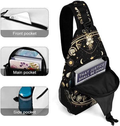 Men Women Travel Backpack Camping Outdoor Bag, Moth Gothic Witchy Sun Moon Sling Bag Backpack Daypack for Swimming Running Cycling Biking Camping, Breathable Bookbag