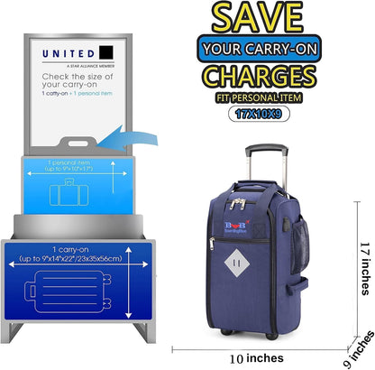 17x10x9 Inches United Airlines Rolling Personal Item Under Seat Duffle Bag Luggage Suitable For Major Airlines Including Spirit and Frontier.