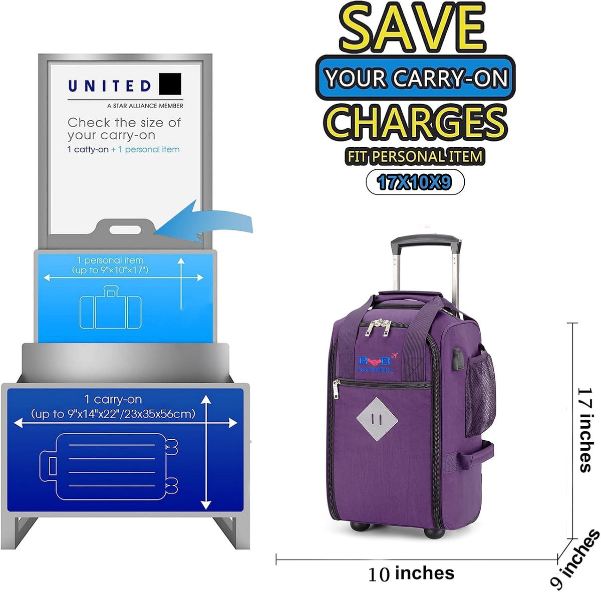 17x10x9 Inches United Airlines Rolling Personal Item Under Seat Duffle Bag Luggage Suitable For Major Airlines Including Spirit and Frontier.