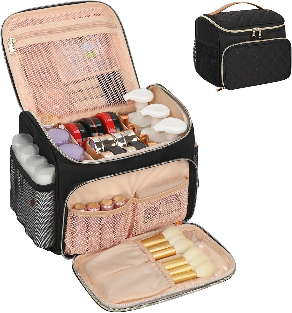 Travel Makeup Bag, Floral Make Up Bag with Brush Compartment, Vertical Storage Toiletry Bag with Partitions, Large Make Up Pouch for Women, Portable Makeup Case with Multi-Pockets
