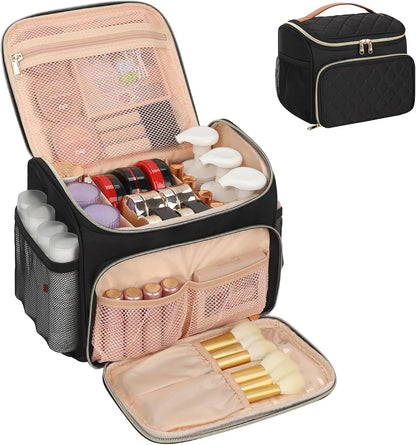 Travel Makeup Bag, Floral Make Up Bag with Brush Compartment, Vertical Storage Toiletry Bag with Partitions, Large Make Up Pouch for Women, Portable Makeup Case with Multi-Pockets