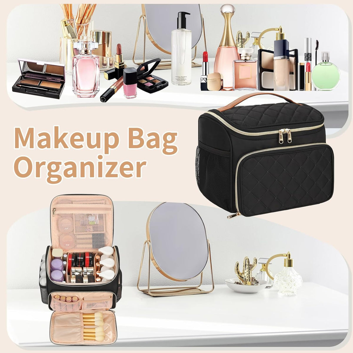 Travel Makeup Bag, Floral Make Up Bag with Brush Compartment, Vertical Storage Toiletry Bag with Partitions, Large Make Up Pouch for Women, Portable Makeup Case with Multi-Pockets