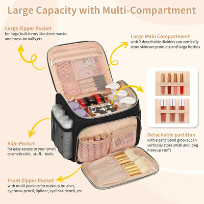 Travel Makeup Bag, Floral Make Up Bag with Brush Compartment, Vertical Storage Toiletry Bag with Partitions, Large Make Up Pouch for Women, Portable Makeup Case with Multi-Pockets