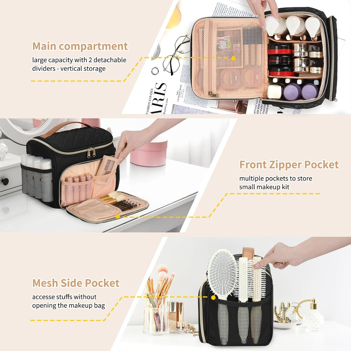Travel Makeup Bag, Floral Make Up Bag with Brush Compartment, Vertical Storage Toiletry Bag with Partitions, Large Make Up Pouch for Women, Portable Makeup Case with Multi-Pockets