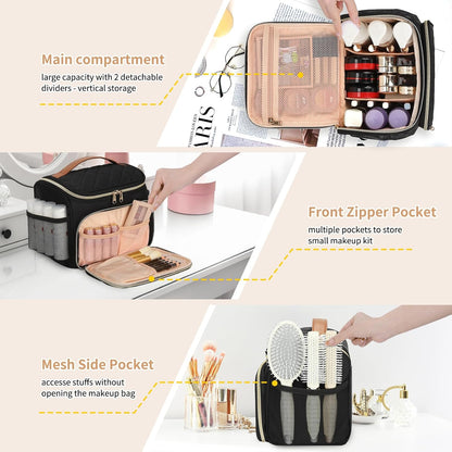 Travel Makeup Bag, Floral Make Up Bag with Brush Compartment, Vertical Storage Toiletry Bag with Partitions, Large Make Up Pouch for Women, Portable Makeup Case with Multi-Pockets