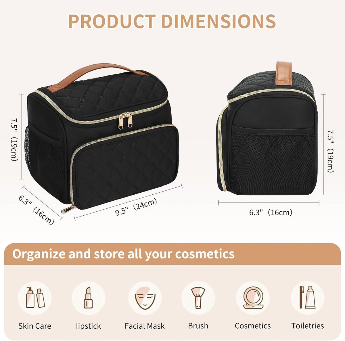 Travel Makeup Bag, Floral Make Up Bag with Brush Compartment, Vertical Storage Toiletry Bag with Partitions, Large Make Up Pouch for Women, Portable Makeup Case with Multi-Pockets