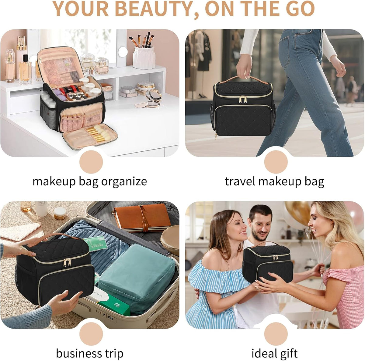 Travel Makeup Bag, Floral Make Up Bag with Brush Compartment, Vertical Storage Toiletry Bag with Partitions, Large Make Up Pouch for Women, Portable Makeup Case with Multi-Pockets