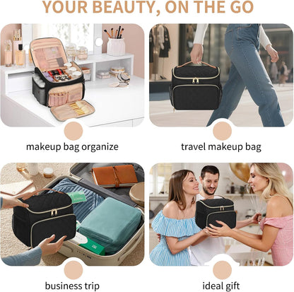 Travel Makeup Bag, Floral Make Up Bag with Brush Compartment, Vertical Storage Toiletry Bag with Partitions, Large Make Up Pouch for Women, Portable Makeup Case with Multi-Pockets