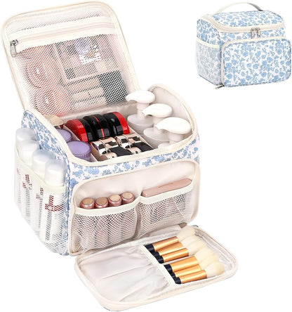 Travel Makeup Bag, Floral Make Up Bag with Brush Compartment, Vertical Storage Toiletry Bag with Partitions, Large Make Up Pouch for Women, Portable Makeup Case with Multi-Pockets