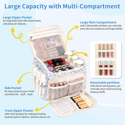 Travel Makeup Bag, Floral Make Up Bag with Brush Compartment, Vertical Storage Toiletry Bag with Partitions, Large Make Up Pouch for Women, Portable Makeup Case with Multi-Pockets