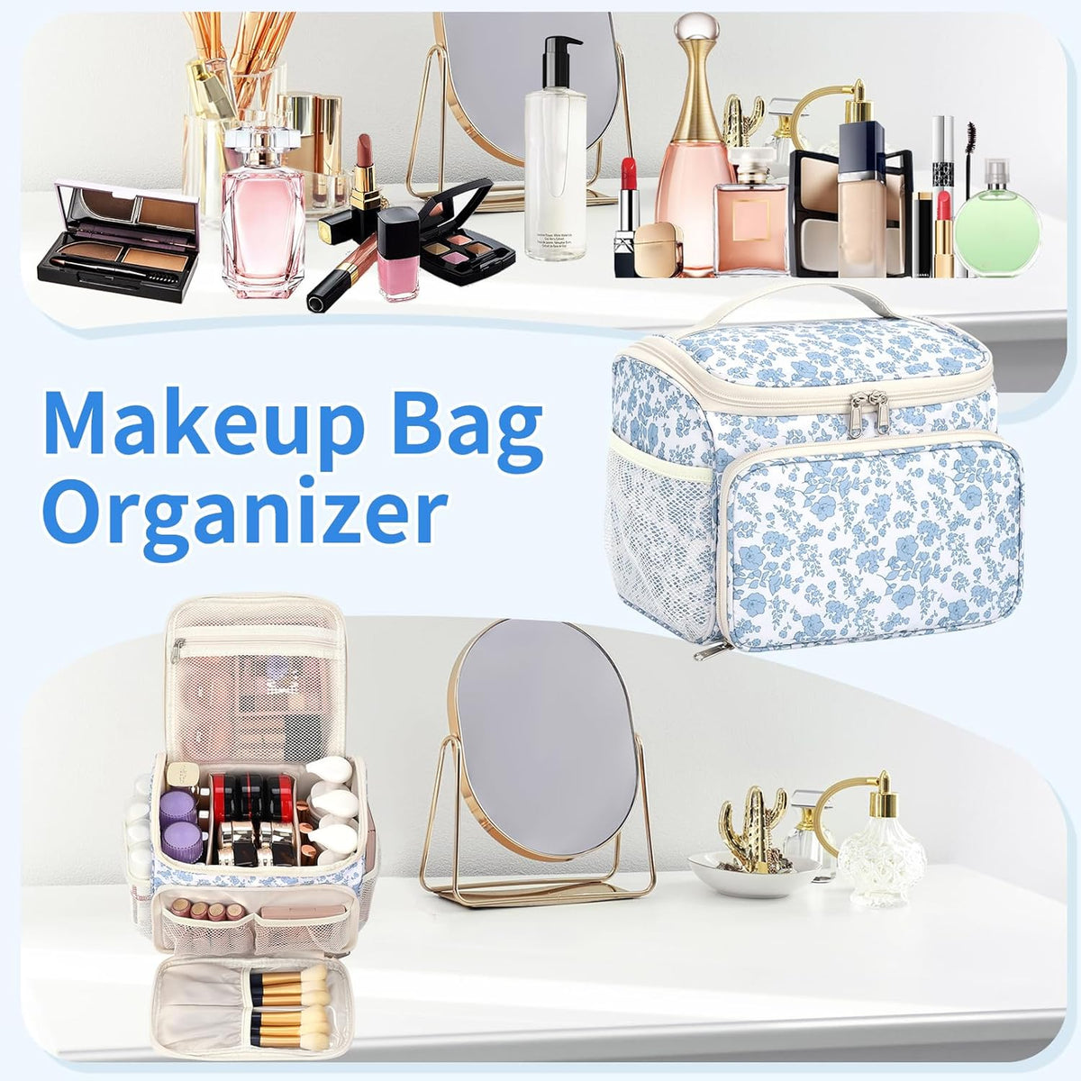 Travel Makeup Bag, Floral Make Up Bag with Brush Compartment, Vertical Storage Toiletry Bag with Partitions, Large Make Up Pouch for Women, Portable Makeup Case with Multi-Pockets