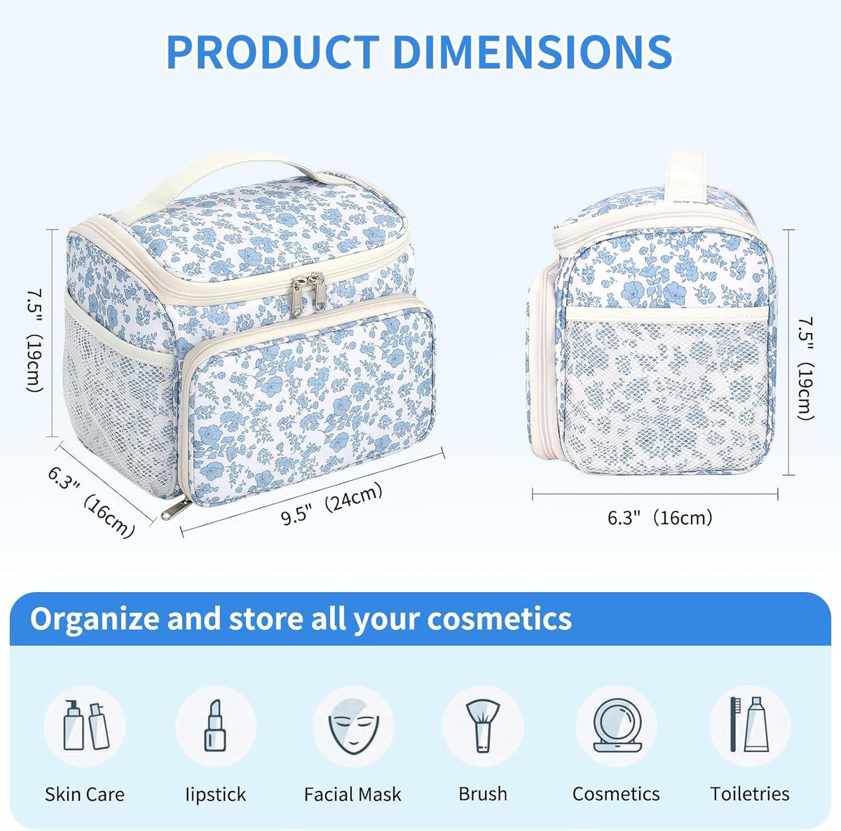 Travel Makeup Bag, Floral Make Up Bag with Brush Compartment, Vertical Storage Toiletry Bag with Partitions, Large Make Up Pouch for Women, Portable Makeup Case with Multi-Pockets
