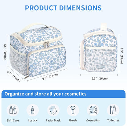 Travel Makeup Bag, Floral Make Up Bag with Brush Compartment, Vertical Storage Toiletry Bag with Partitions, Large Make Up Pouch for Women, Portable Makeup Case with Multi-Pockets