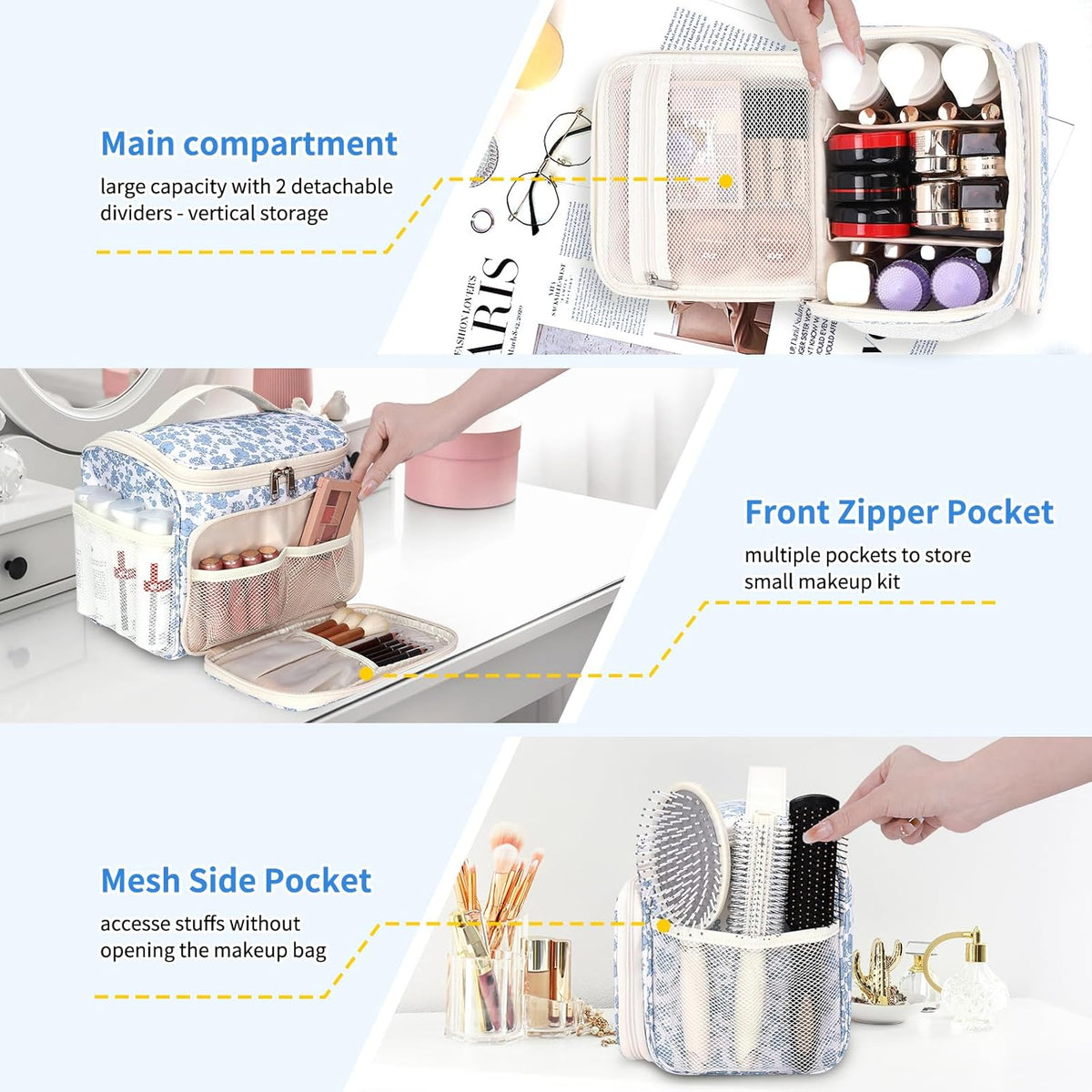Travel Makeup Bag, Floral Make Up Bag with Brush Compartment, Vertical Storage Toiletry Bag with Partitions, Large Make Up Pouch for Women, Portable Makeup Case with Multi-Pockets
