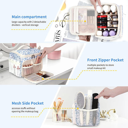 Travel Makeup Bag, Floral Make Up Bag with Brush Compartment, Vertical Storage Toiletry Bag with Partitions, Large Make Up Pouch for Women, Portable Makeup Case with Multi-Pockets
