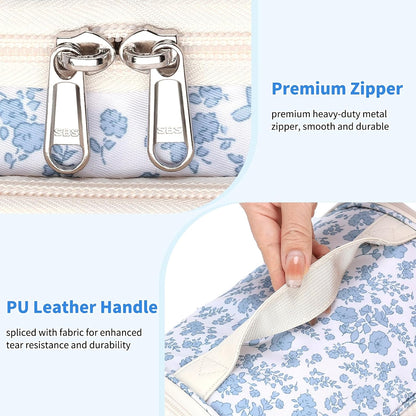 Travel Makeup Bag, Floral Make Up Bag with Brush Compartment, Vertical Storage Toiletry Bag with Partitions, Large Make Up Pouch for Women, Portable Makeup Case with Multi-Pockets
