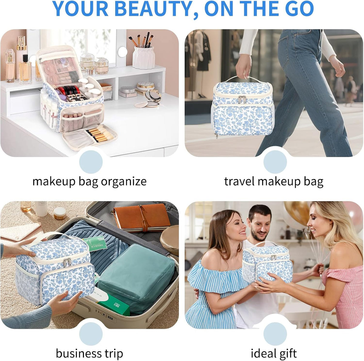 Travel Makeup Bag, Floral Make Up Bag with Brush Compartment, Vertical Storage Toiletry Bag with Partitions, Large Make Up Pouch for Women, Portable Makeup Case with Multi-Pockets