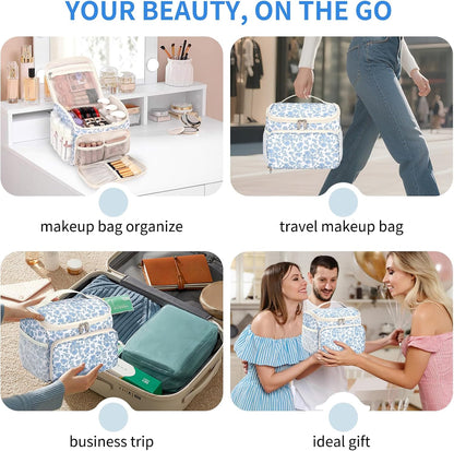 Travel Makeup Bag, Floral Make Up Bag with Brush Compartment, Vertical Storage Toiletry Bag with Partitions, Large Make Up Pouch for Women, Portable Makeup Case with Multi-Pockets