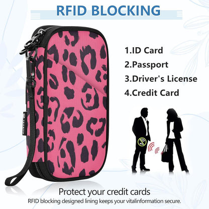 Passport Holder Pink Leopard Neck Pouch Travel Wallet