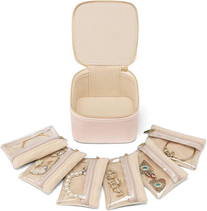 Travel Jewelry Case,Jewelry Box with 12 Velvet Jewelry Pouch Jewelry Travel Organizer for Women Girl Jewelry Case Necklace Rings Earrings Bags Wedding Gifts (White)