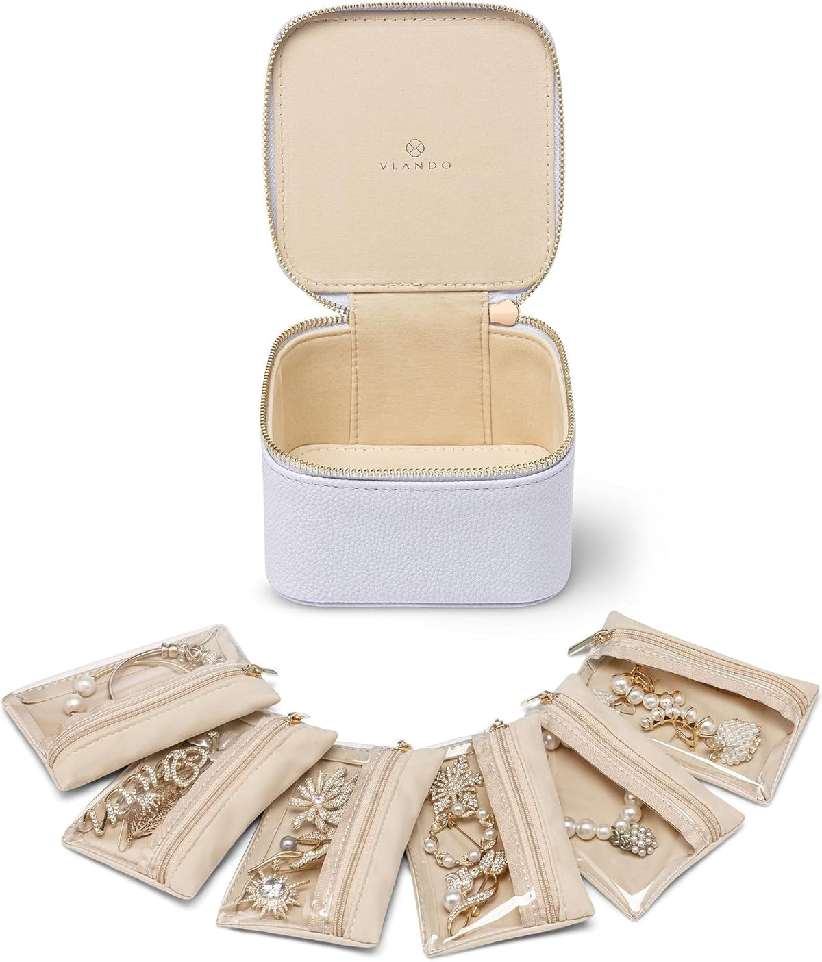Travel Jewelry Case,Jewelry Box with 12 Velvet Jewelry Pouch Jewelry Travel Organizer for Women Girl Jewelry Case Necklace Rings Earrings Bags Wedding Gifts (White)