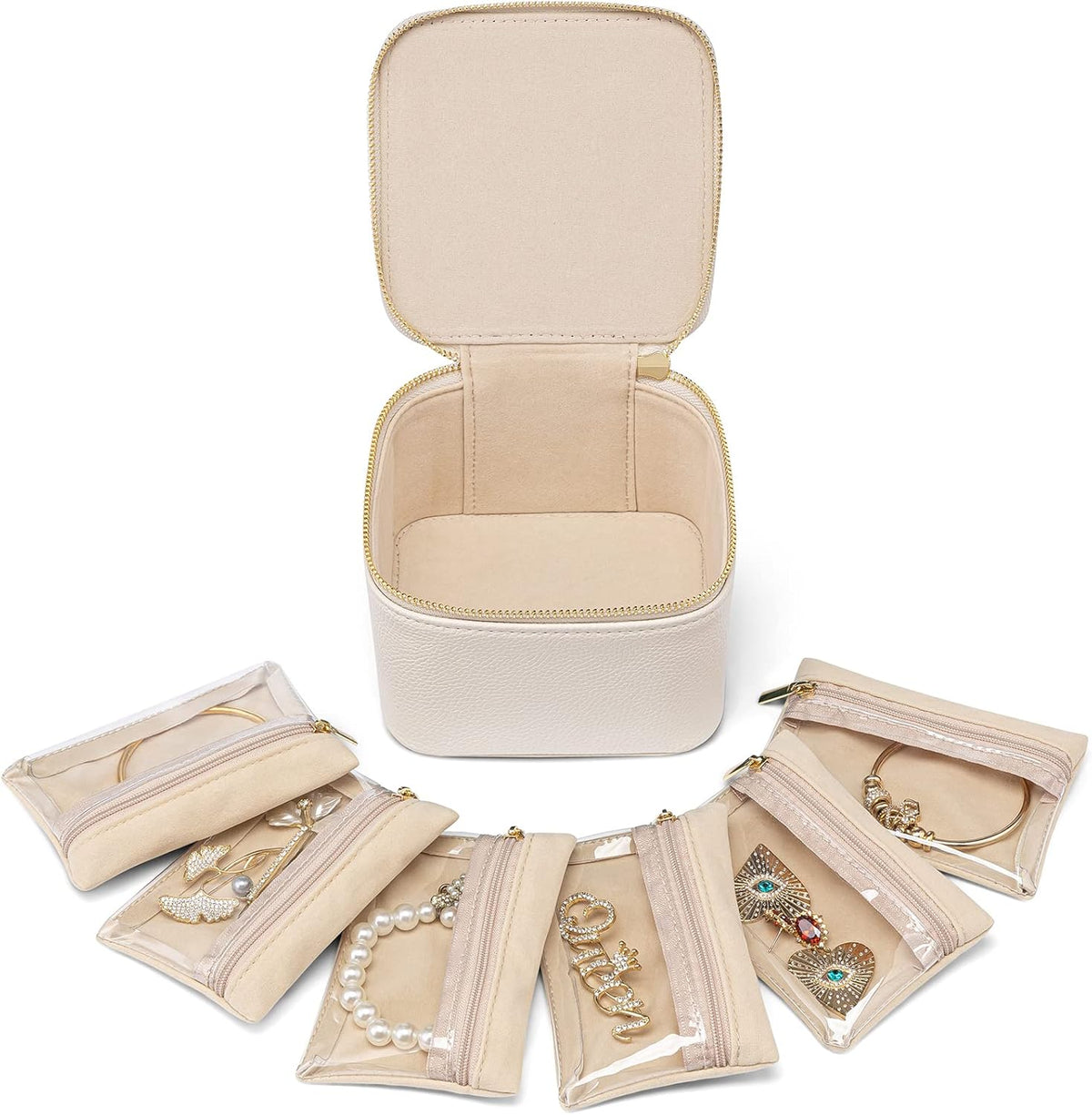 Travel Jewelry Case,Jewelry Box with 12 Velvet Jewelry Pouch Jewelry Travel Organizer for Women Girl Jewelry Case Necklace Rings Earrings Bags Wedding Gifts (White)