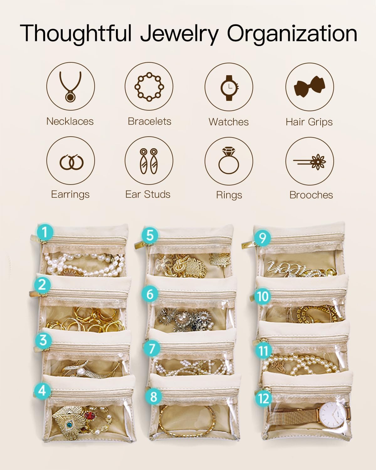 Travel Jewelry Case,Jewelry Box with 12 Velvet Jewelry Pouch Jewelry Travel Organizer for Women Girl Jewelry Case Necklace Rings Earrings Bags Wedding Gifts (White)