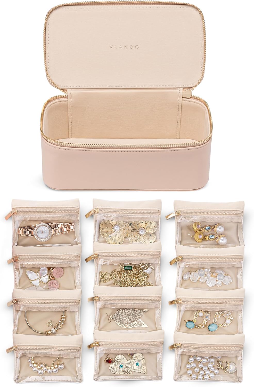 Travel Jewelry Case,Jewelry Box with 12 Velvet Jewelry Pouch Jewelry Travel Organizer for Women Girl Jewelry Case Necklace Rings Earrings Bags Wedding Gifts (White)
