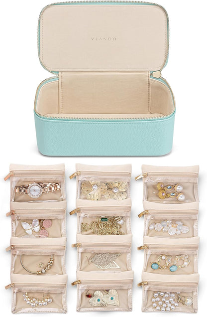 Travel Jewelry Case,Jewelry Box with 12 Velvet Jewelry Pouch Jewelry Travel Organizer for Women Girl Jewelry Case Necklace Rings Earrings Bags Wedding Gifts (White)