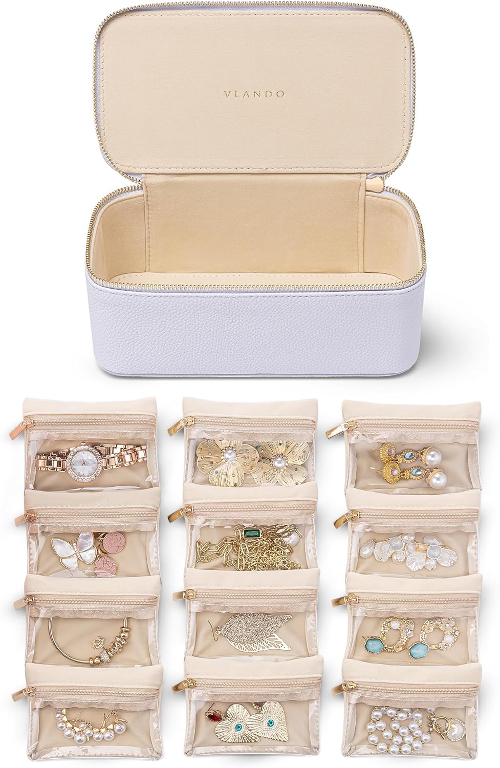 Travel Jewelry Case,Jewelry Box with 12 Velvet Jewelry Pouch Jewelry Travel Organizer for Women Girl Jewelry Case Necklace Rings Earrings Bags Wedding Gifts (White)