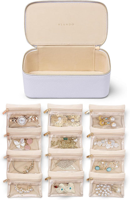 Travel Jewelry Case,Jewelry Box with 12 Velvet Jewelry Pouch Jewelry Travel Organizer for Women Girl Jewelry Case Necklace Rings Earrings Bags Wedding Gifts (White)