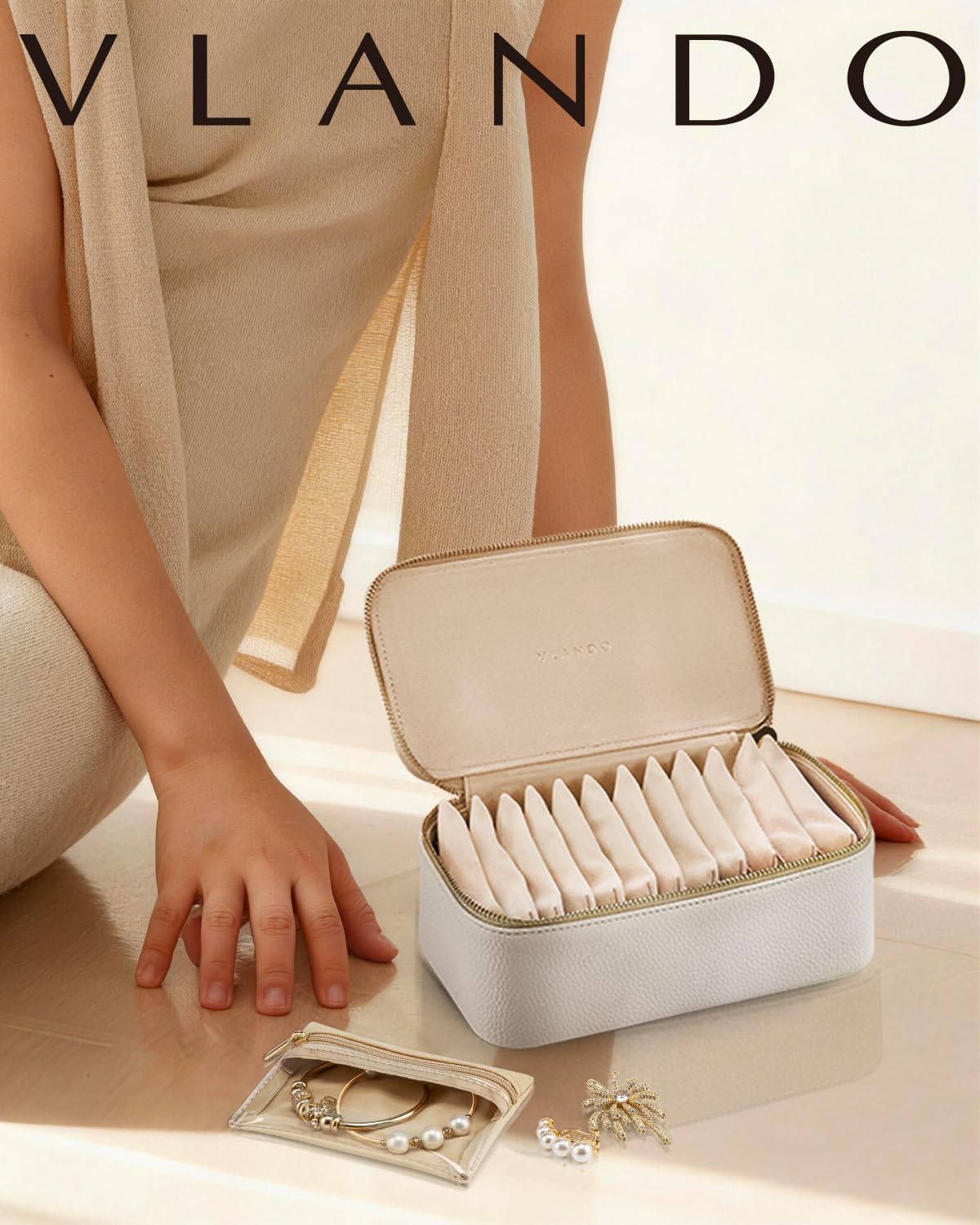 Travel Jewelry Case,Jewelry Box with 12 Velvet Jewelry Pouch Jewelry Travel Organizer for Women Girl Jewelry Case Necklace Rings Earrings Bags Wedding Gifts (White)