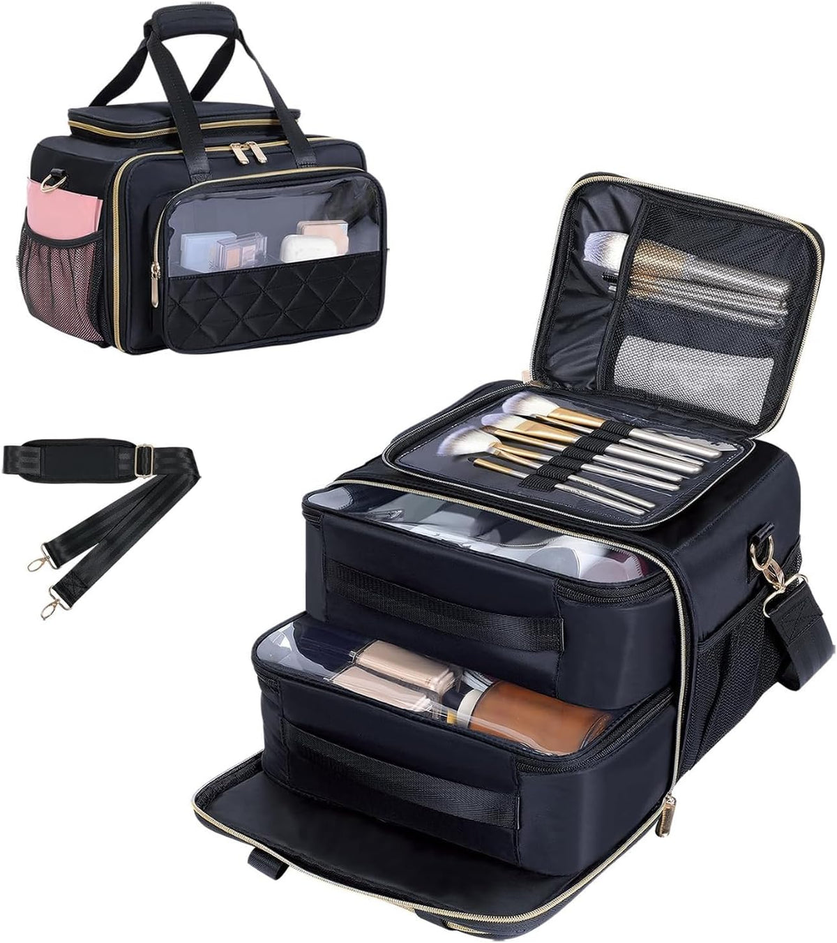 Large Makeup Bag for Women, Wide-Open Design Multifunctional Compartments, for Toiletries, Cosmetics, Brushes & Beauty Tools (Green)