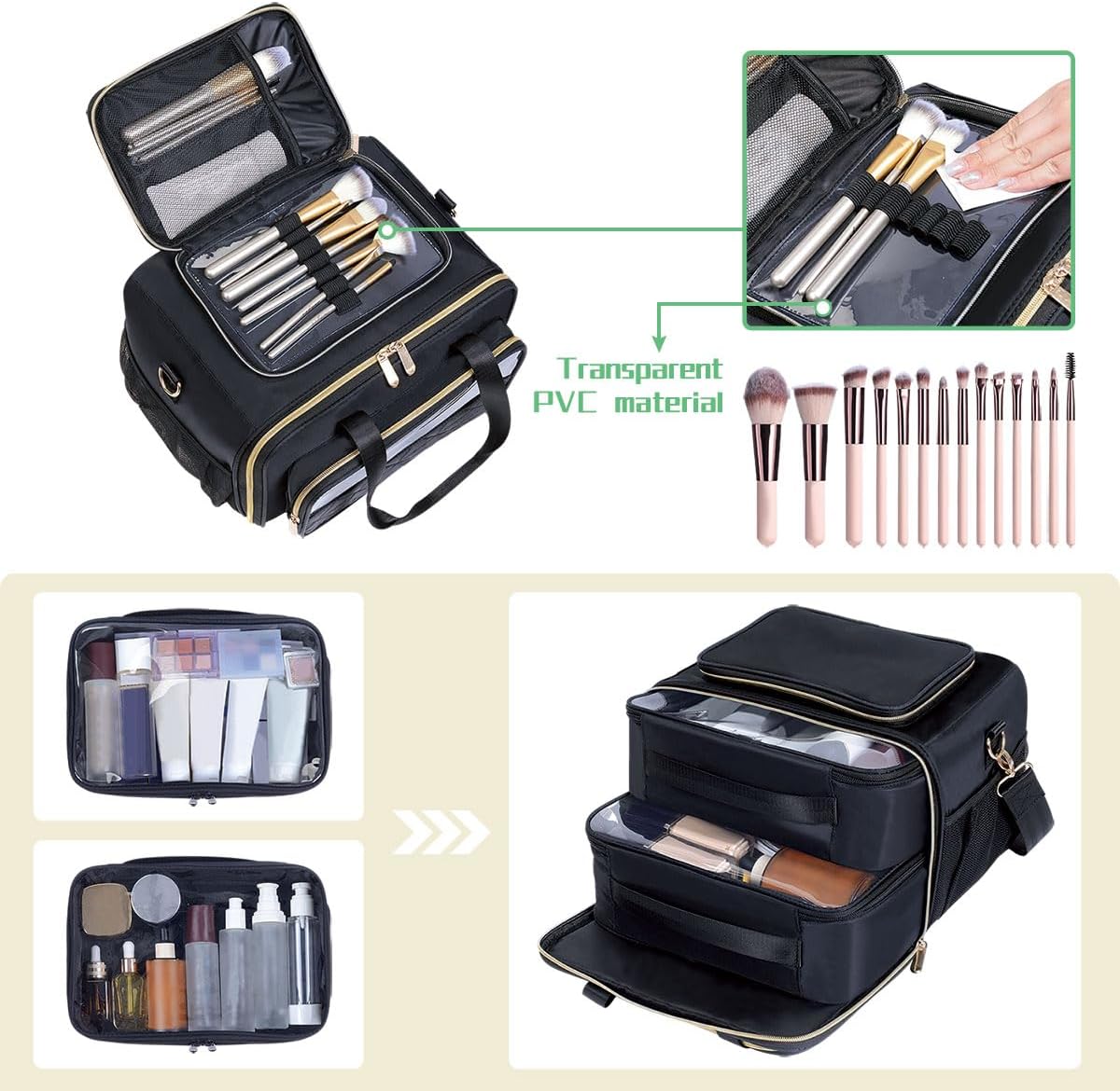 Large Makeup Bag for Women, Wide-Open Design Multifunctional Compartments, for Toiletries, Cosmetics, Brushes & Beauty Tools (Green)