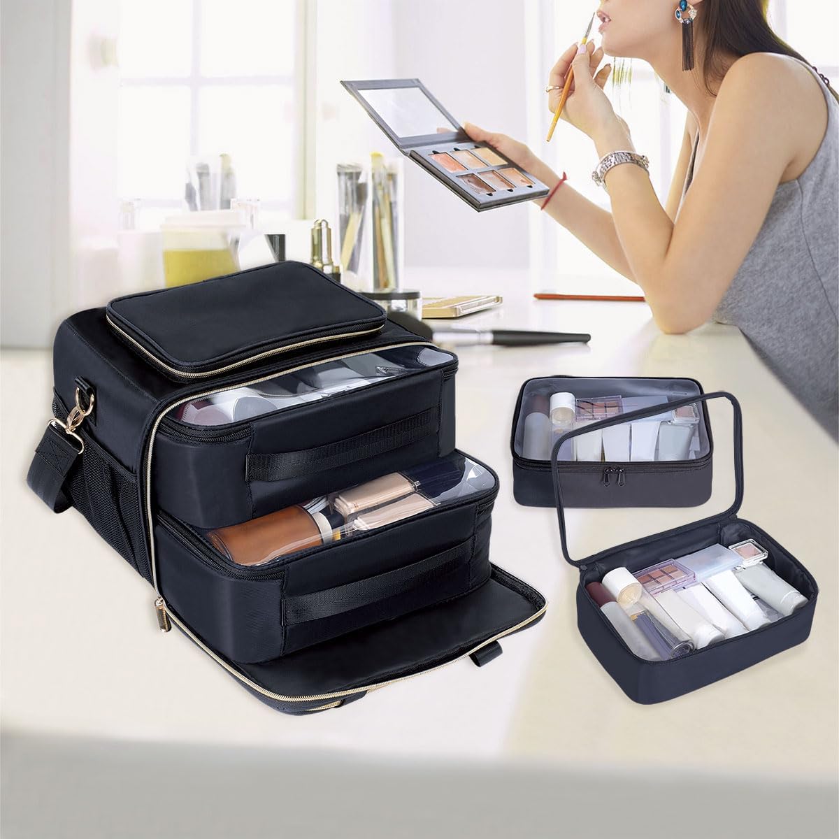 Large Makeup Bag for Women, Wide-Open Design Multifunctional Compartments, for Toiletries, Cosmetics, Brushes & Beauty Tools (Green)