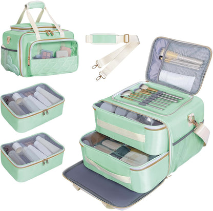 Large Makeup Bag for Women, Wide-Open Design Multifunctional Compartments, for Toiletries, Cosmetics, Brushes & Beauty Tools (Green)