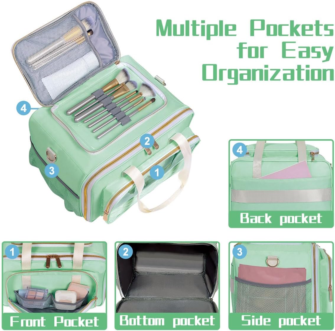 Large Makeup Bag for Women, Wide-Open Design Multifunctional Compartments, for Toiletries, Cosmetics, Brushes & Beauty Tools (Green)
