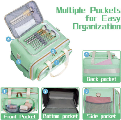 Large Makeup Bag for Women, Wide-Open Design Multifunctional Compartments, for Toiletries, Cosmetics, Brushes & Beauty Tools (Green)