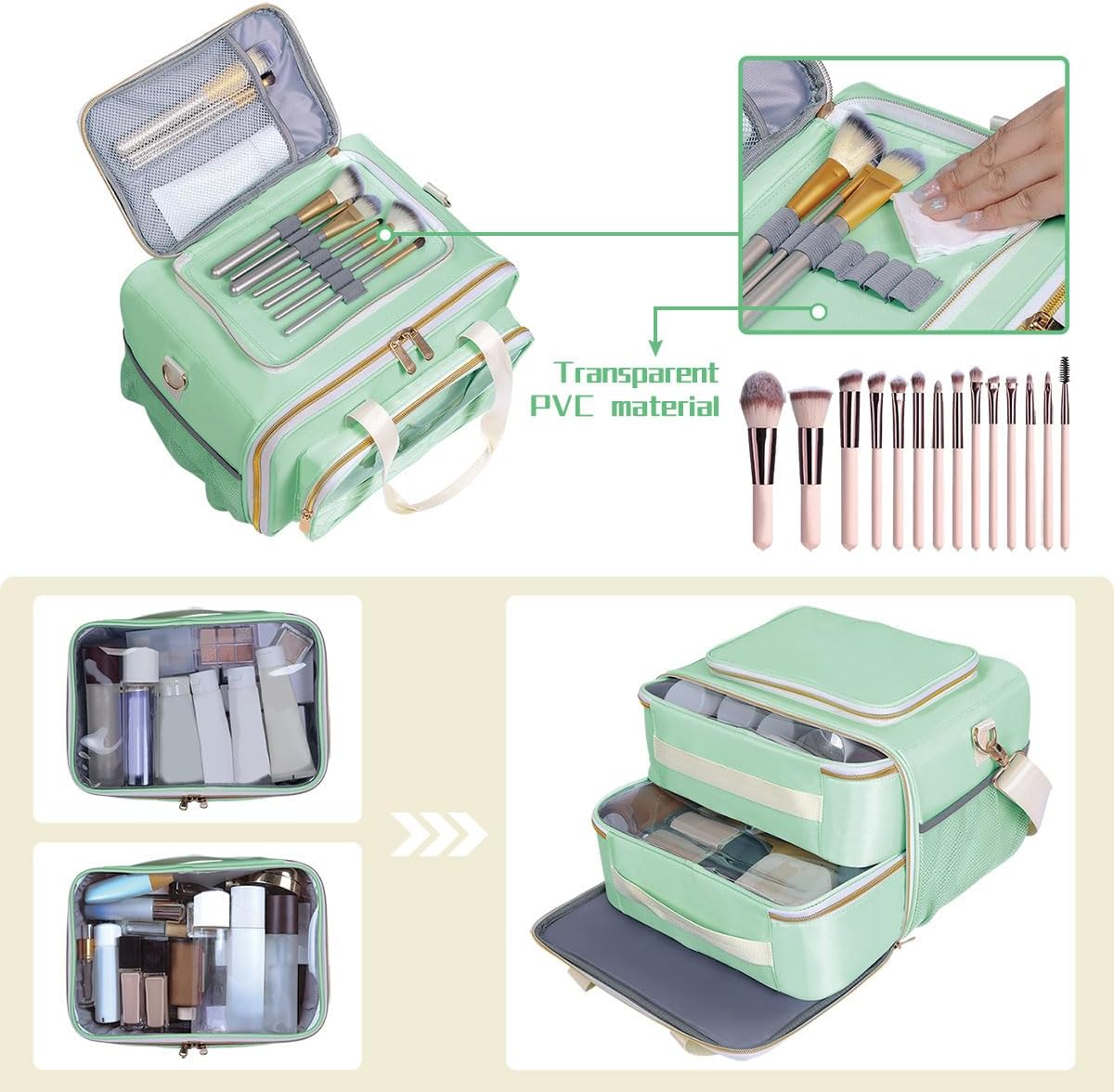 Large Makeup Bag for Women, Wide-Open Design Multifunctional Compartments, for Toiletries, Cosmetics, Brushes & Beauty Tools (Green)