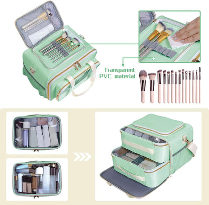 Large Makeup Bag for Women, Wide-Open Design Multifunctional Compartments, for Toiletries, Cosmetics, Brushes & Beauty Tools (Green)