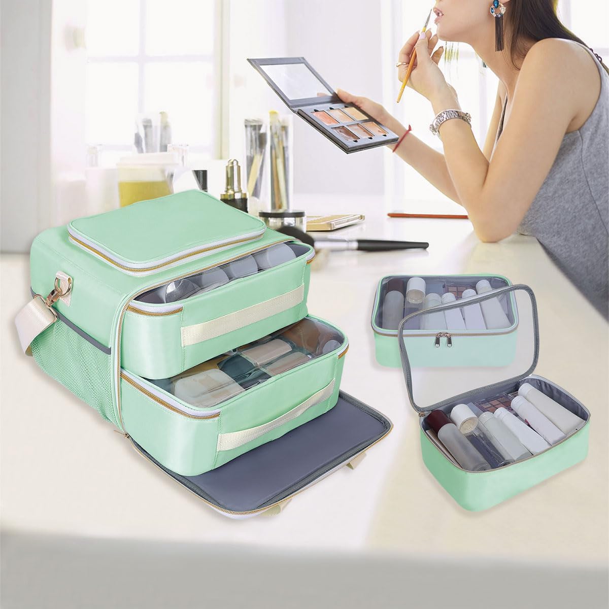 Large Makeup Bag for Women, Wide-Open Design Multifunctional Compartments, for Toiletries, Cosmetics, Brushes & Beauty Tools (Green)