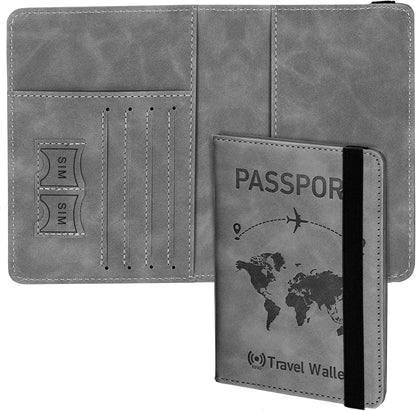 Grey RFID Blocking PU Leather Travel Passport Holder Cover Travel Wallet Organiser Passport Case Travel Document Organiser for Men & Women (14.58 X 11CM- Grey)