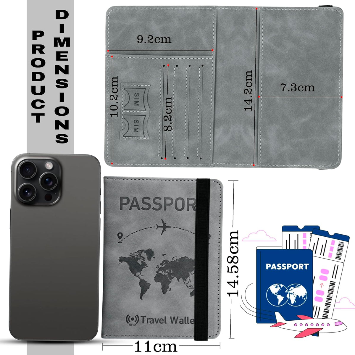 Grey RFID Blocking PU Leather Travel Passport Holder Cover Travel Wallet Organiser Passport Case Travel Document Organiser for Men & Women (14.58 X 11CM- Grey)